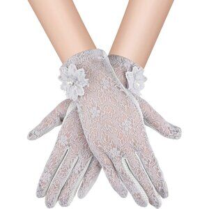 Women's Gray Fingerless Floral Short Lace Gloves Party Tea Halloween Wedding